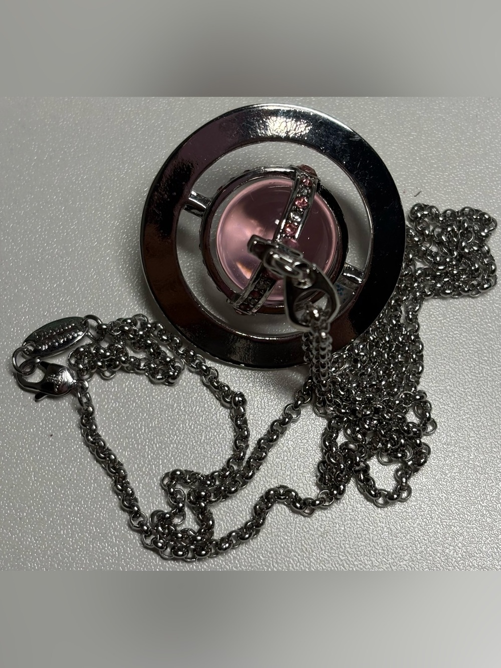 Silver Pendant Necklace with Pink Orbit Crystal Accent